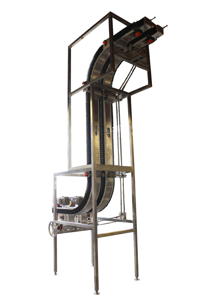 Bevco Conveyor and Equipment - Bevco Elevators/Lowerators are designed to move containers from one elevation to another at line speeds. They are often used for palletizing and depalletizing product.